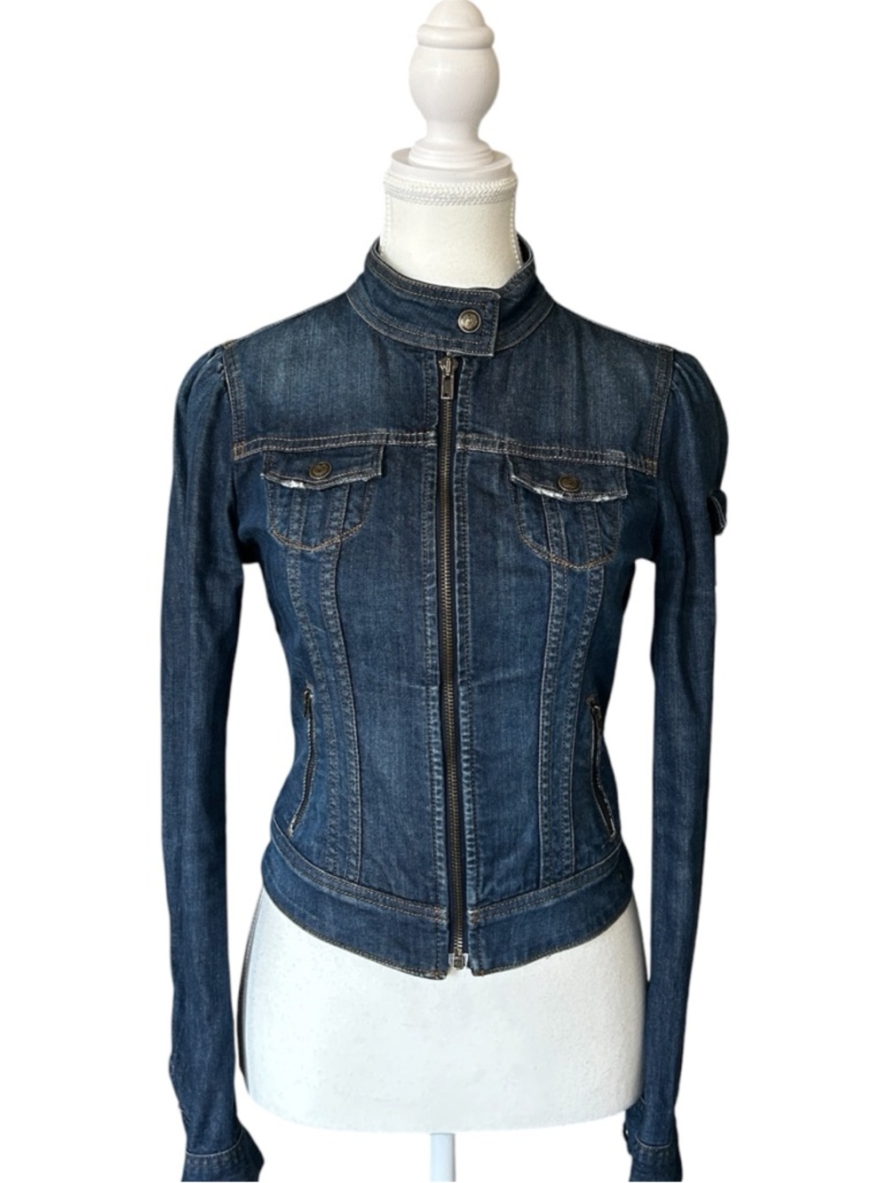 Y2K “Mexx” Medium Wash Fitted Zip-up Biker Style Denim Jacket